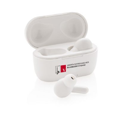 Ohrhörer im Lade-Case 2.0 in weiß mit Logodruck des Oberösterreichischen Blasmusikverbandes